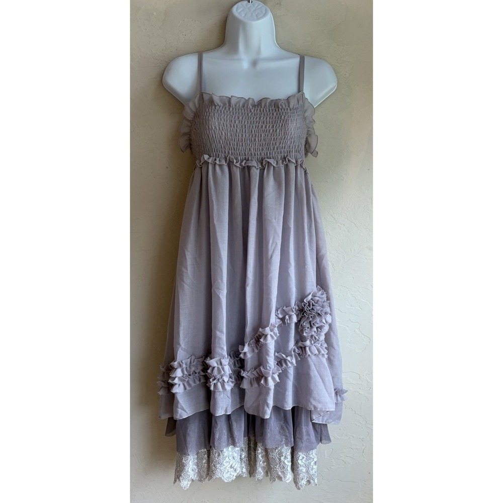 Vintage Y2K 213 Smocked Ruffle Midi Dress L Fairy Lavender Coquette Cottagecore